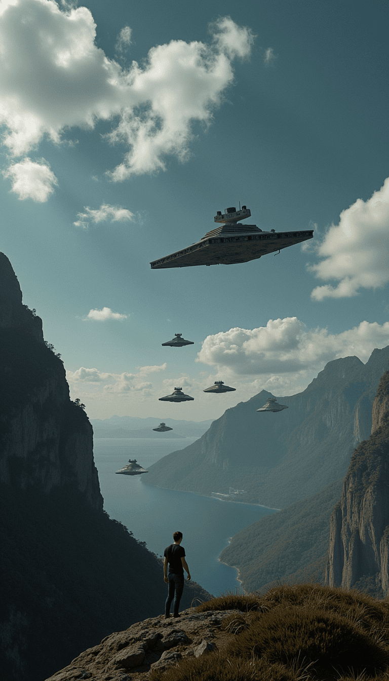 A panoramic view of a Star Destroyer fleet approaching a planet, creating a sense of impending doom. Emotion: . Environment: . Style: Natural