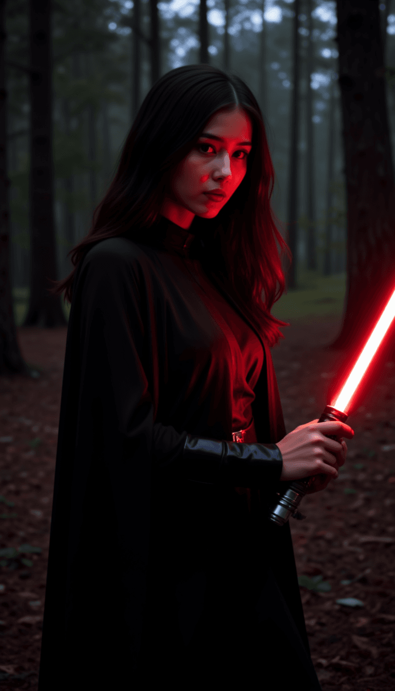 A woman dressed as a Sith, in a dark and moody setting with red lightsaber glowing menacingly. Emotion: . Environment: . Style: Natural
