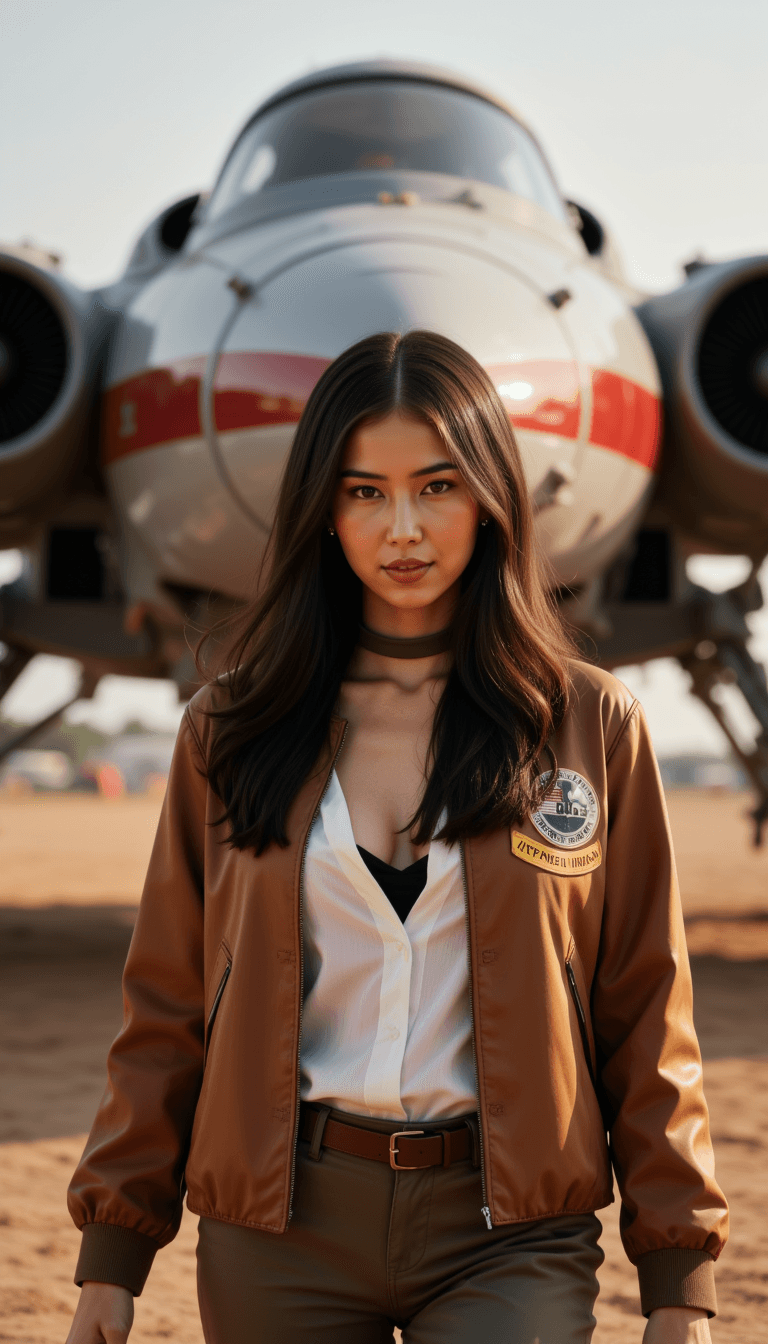 A woman dressed as a rebel pilot, heroically posing in front of an X-Wing fighter. Emotion: . Environment: . Style: Natural