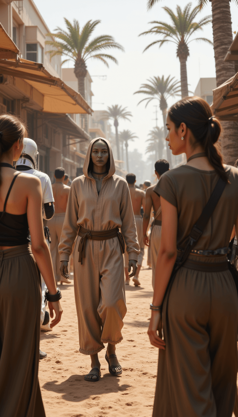 A bustling marketplace scene in Mos Eisley, filled with aliens and droids. Emotion: . Environment: . Style: Natural