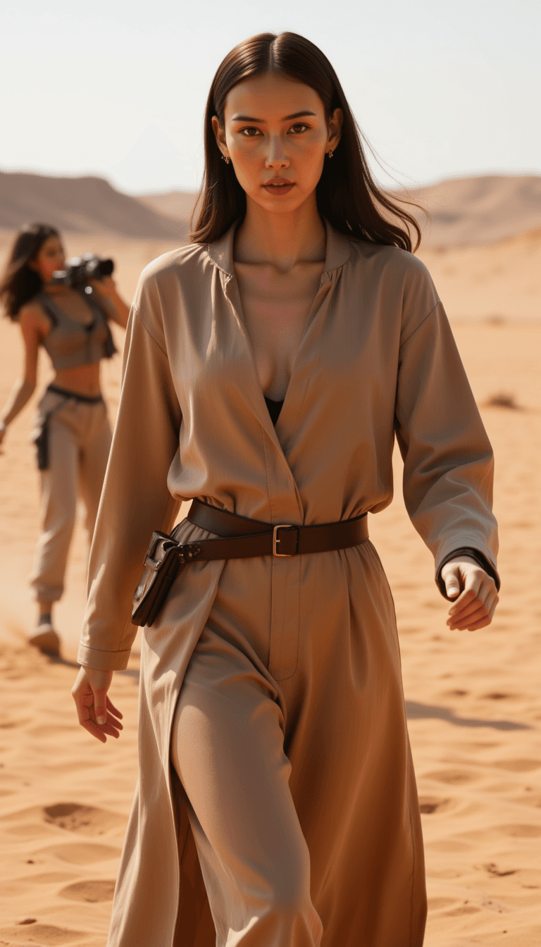 A dynamic scene of a female jedi watching a Podrace in action, with the Tatooine desert as backdrop. Emotion: . Environment: . Style: Natural