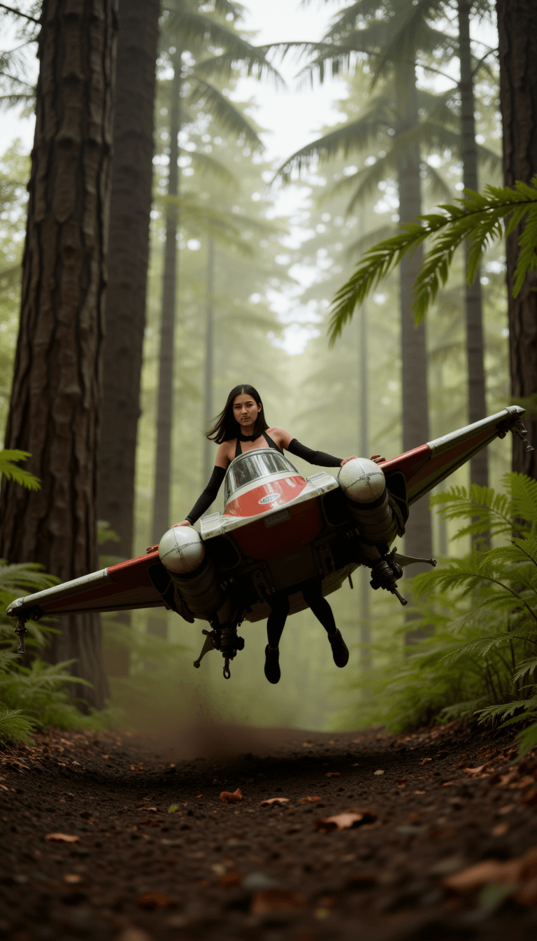 A thrilling  Star War scene of Speeder chase through Endor's forest. Emotion: . Environment: . Style: Natural