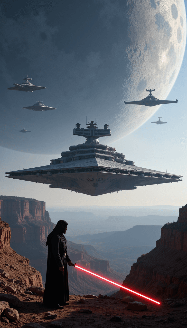 A panoramic view of a Star Destroyer fleet approaching a planet, creating a sense of impending doom and a jedi with a red lightsaber on the first plan. Emotion: . Environment: . Style: Natural