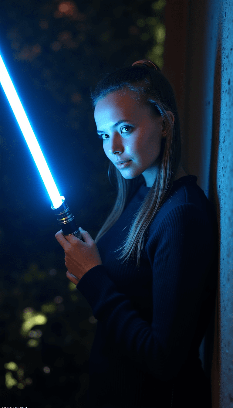 An introspective portrait of a Jedi with their blue lightsaber, with dramatic side lighting. Emotion: . Environment: . Style: Natural