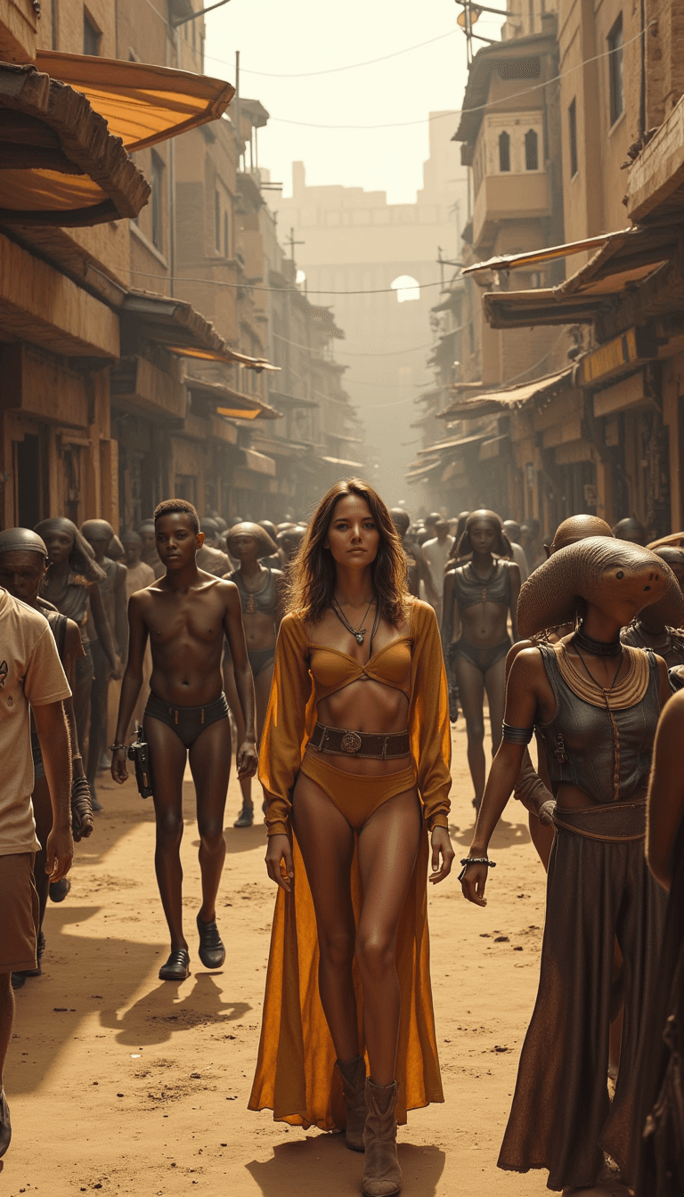 A bustling marketplace scene in Mos Eisley, filled with aliens and droids. Emotion: . Environment: . Style: Natural