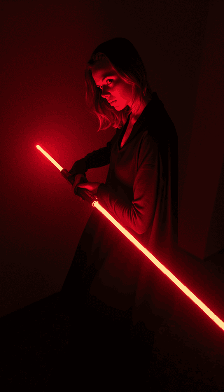 A woman dressed as a Sith, in a dark and moody setting with red lightsaber glowing menacingly. Emotion: . Environment: . Style: Natural