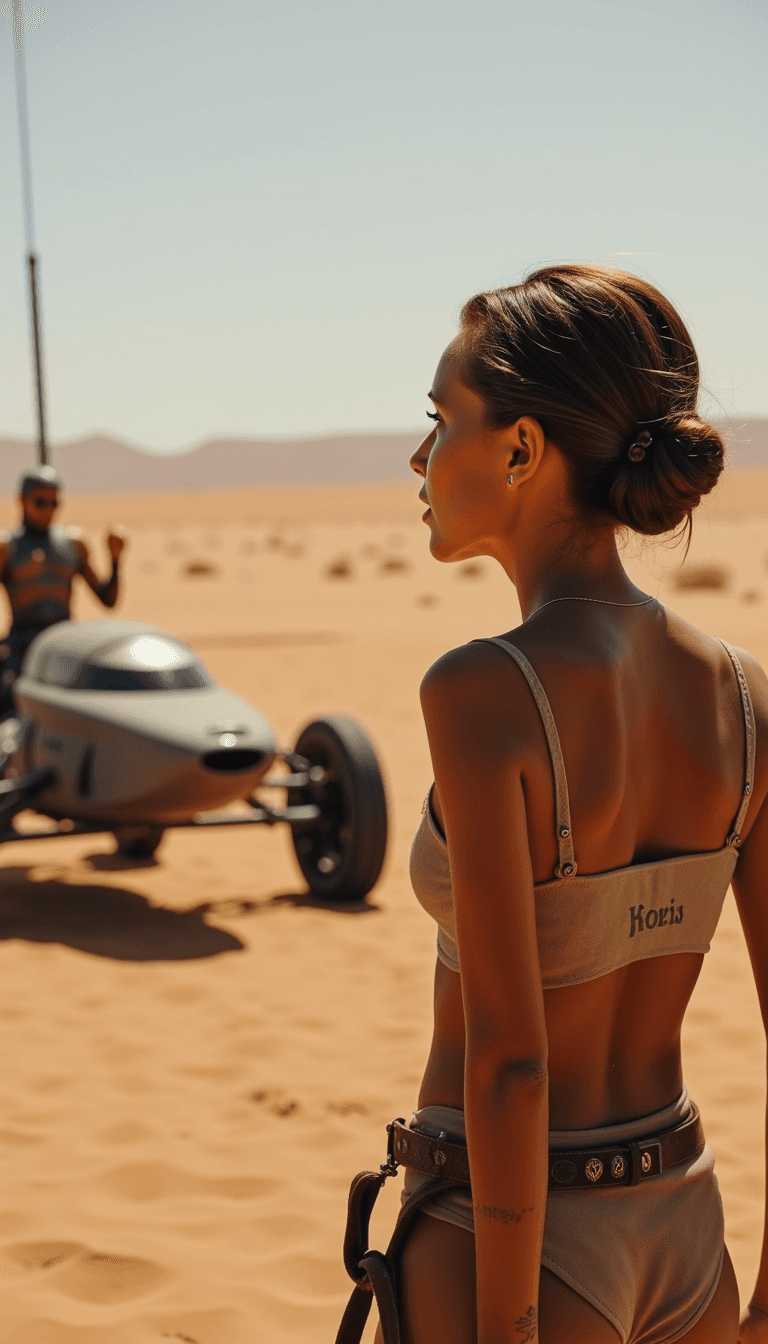 A dynamic scene of a female jedi watching a Podrace in action, with the Tatooine desert as backdrop. Emotion: . Environment: . Style: Natural