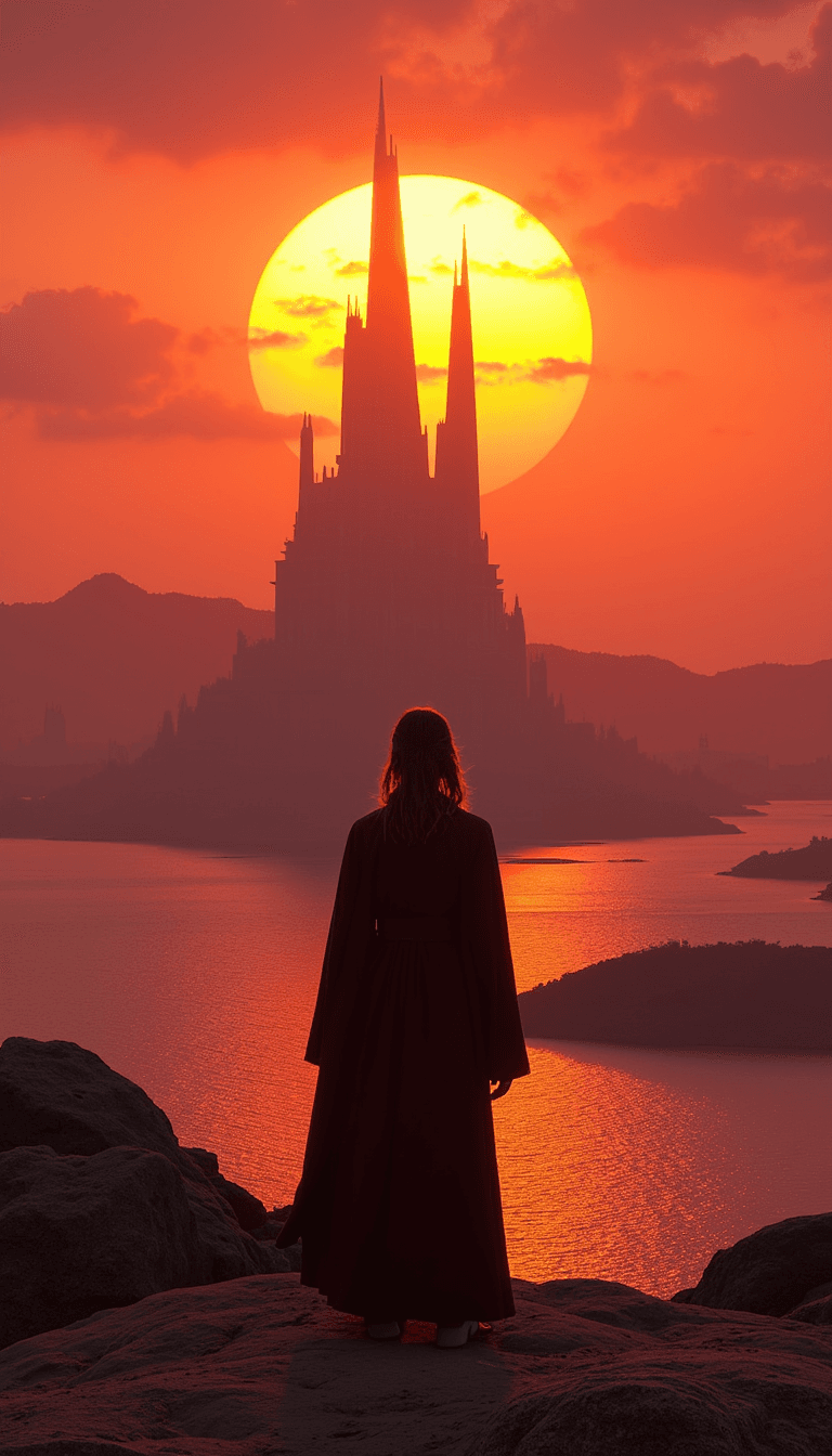 A majestic view of a jedi in front of the Jedi Temple on Coruscant, under a vibrant sunset sky. Emotion: . Environment: . Style: Natural