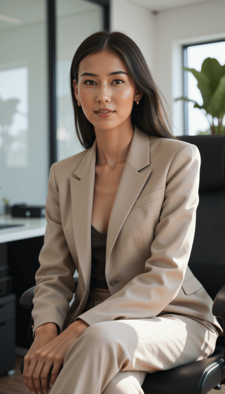 woman in a nude tailored suit sitting on a leather chair in a minimalist monochrome office, looking confidently into the camera. Emotion: . Environment: . Style: Natural