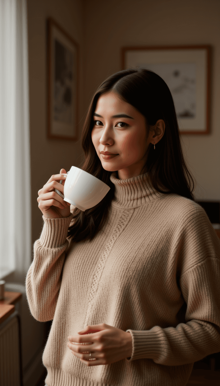 woman in a cozy setting wearing a nude knitted sweater and sipping coffee, soft lighting creating a warm, inviting mood. Emotion: . Environment: . Style: Natural