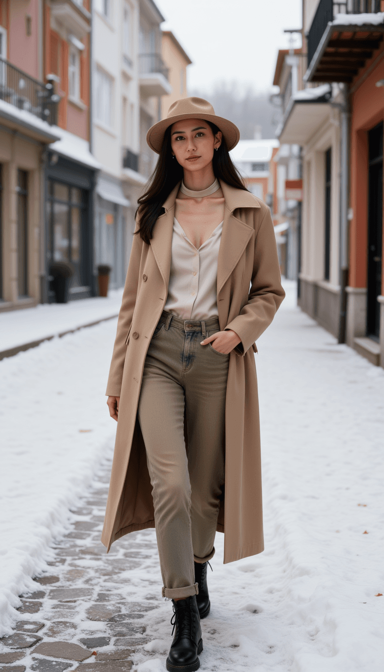 woman in a layered, nude winter ensemble standing in a quaint, snow-covered street, looking contemplative. Emotion: . Environment: . Style: Natural