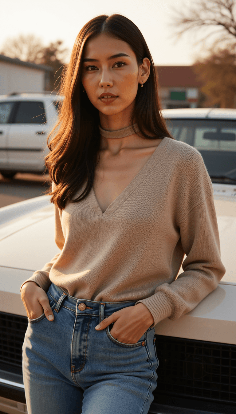 woman in a nude cashmere sweater and denim, leaning against a vintage car, under golden hour light, exuding a classic, timeless mood. Emotion: . Environment: . Style: Natural