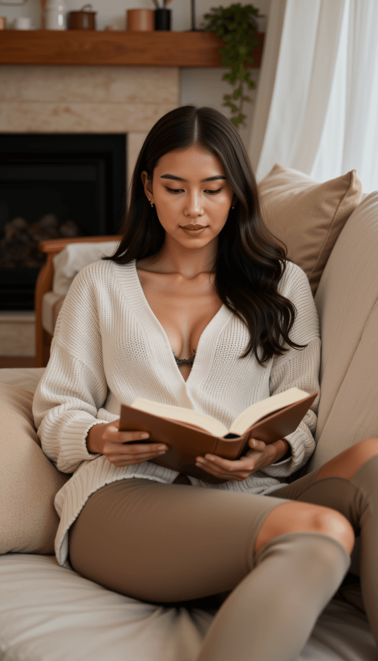 woman in a nude, oversized sweater and leggings, curled up with a book in a cozy, home setting, encapsulating a comfortable, relaxed vibe. Emotion: . Environment: . Style: Natural