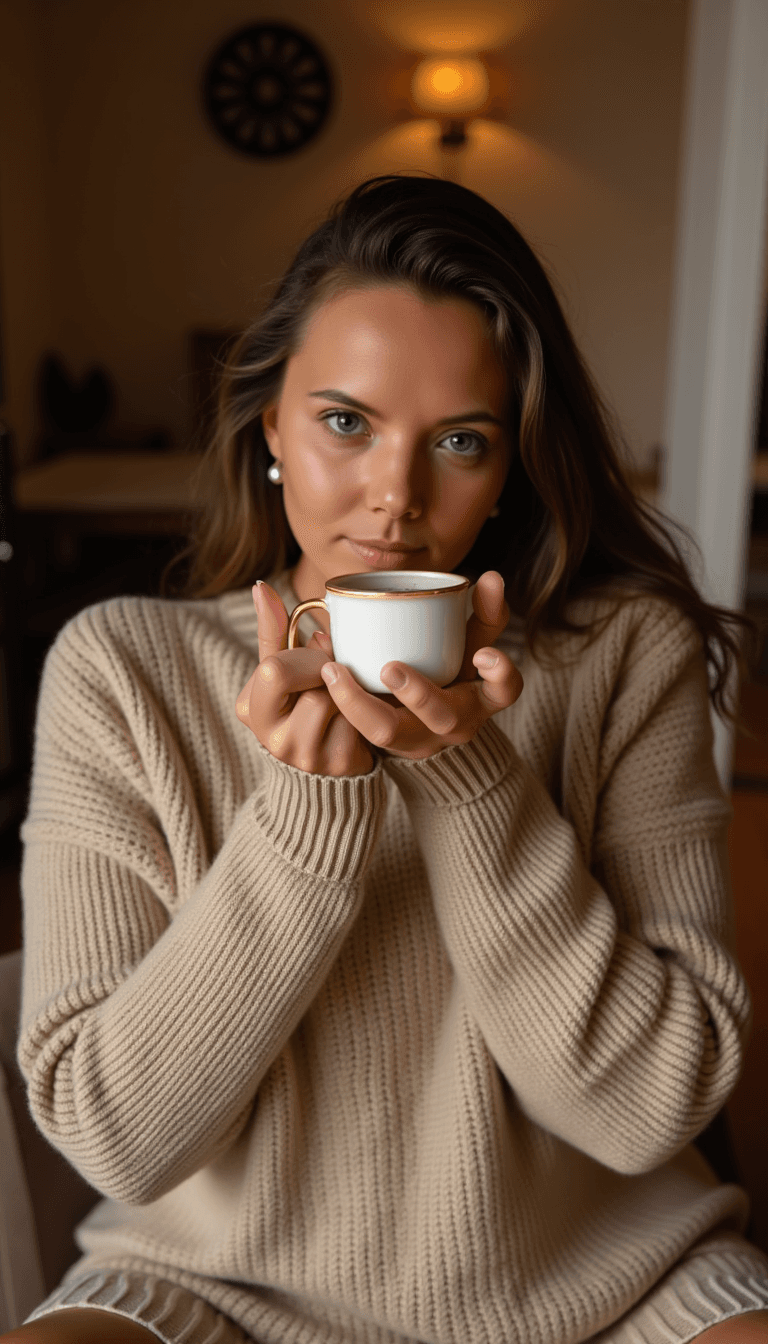woman in a cozy setting wearing a nude knitted sweater and sipping coffee, soft lighting creating a warm, inviting mood. Emotion: . Environment: . Style: Natural