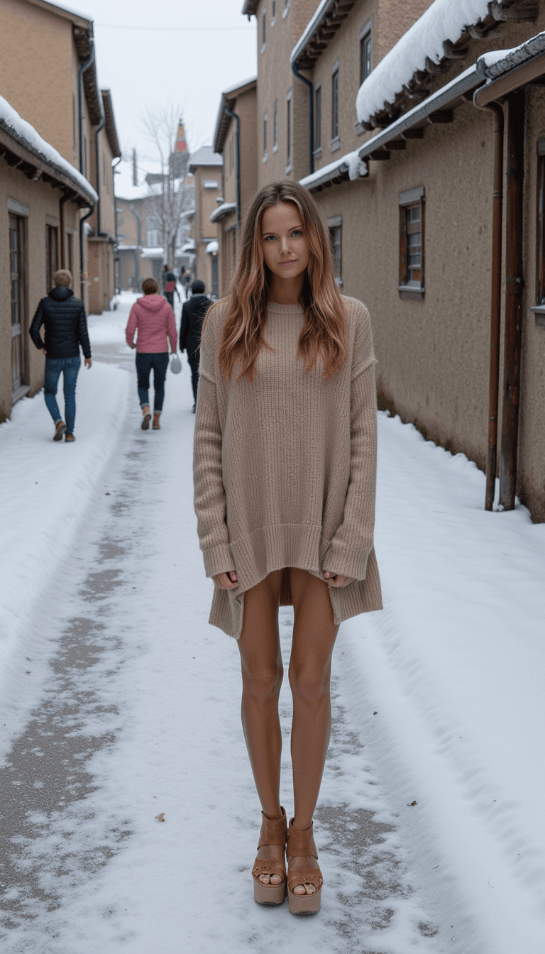 woman in a layered, nude winter ensemble standing in a quaint, snow-covered street, looking contemplative. Emotion: . Environment: . Style: Natural