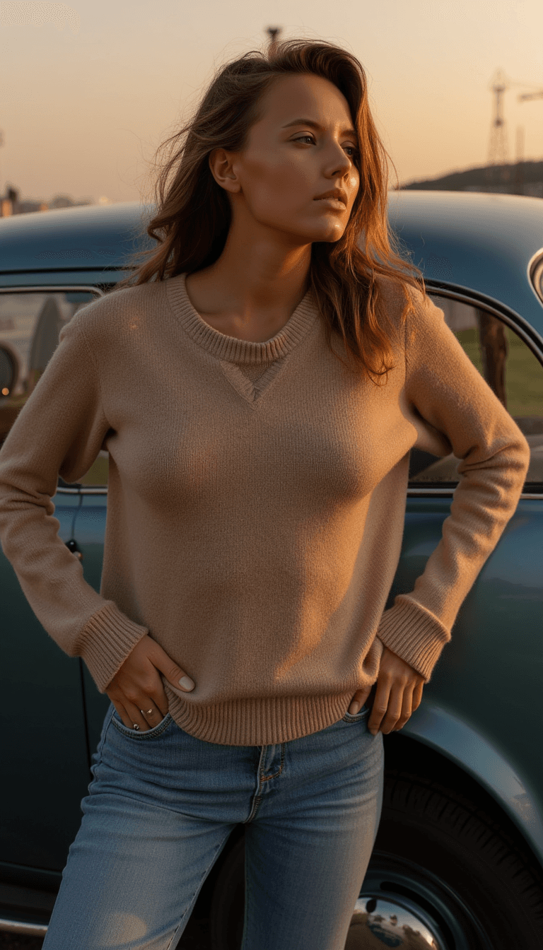 woman in a nude cashmere sweater and denim, leaning against a vintage car, under golden hour light, exuding a classic, timeless mood. Emotion: . Environment: . Style: Natural