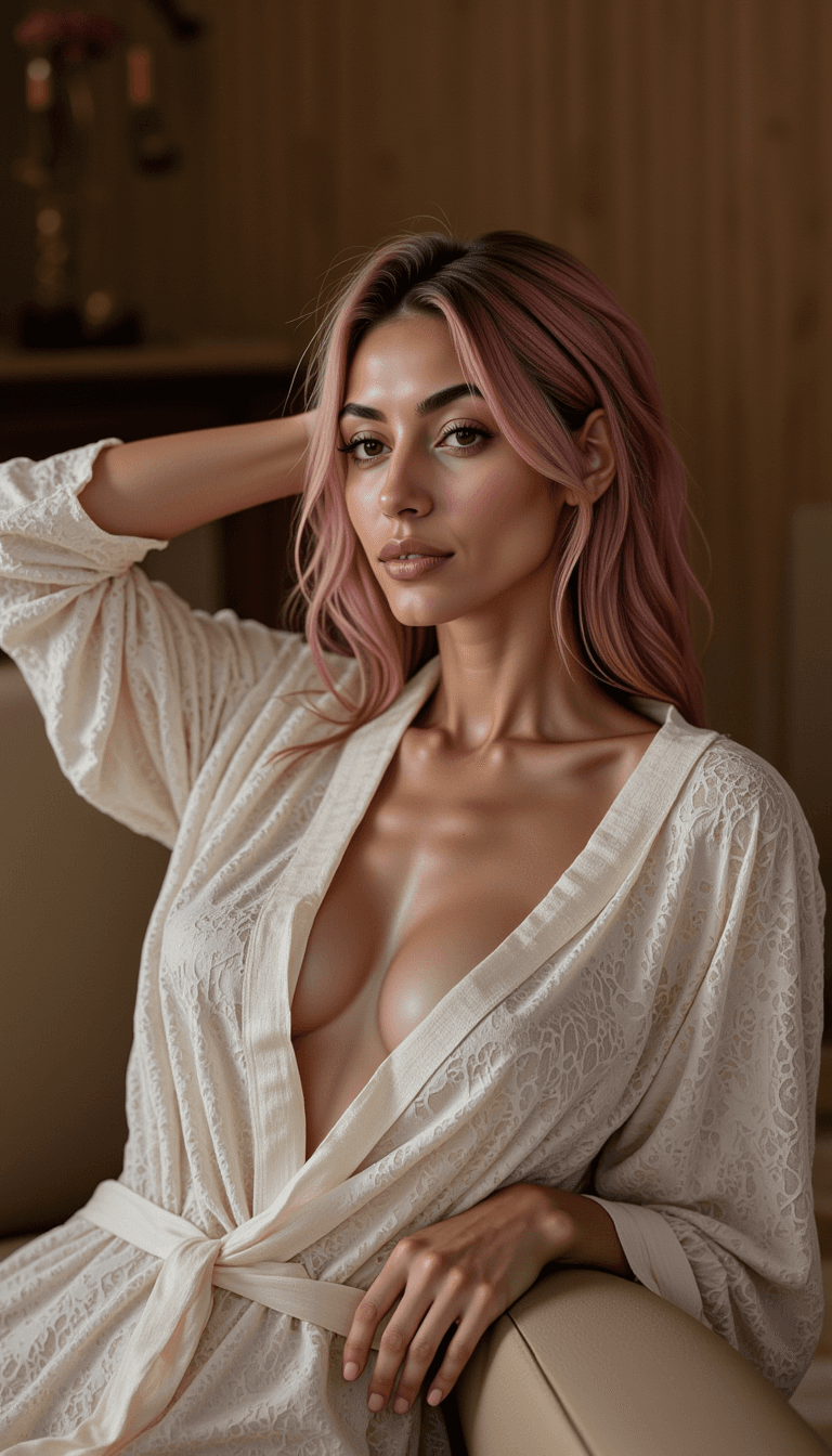 woman reclining on a luxury chaise lounge in a lace robe with soft, romantic lighting. Emotion: . Environment: . Style: Natural