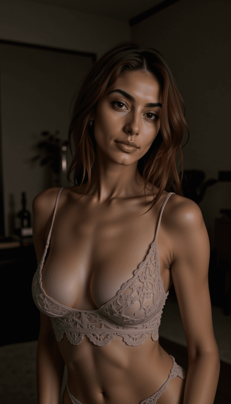 woman seductively eyeing the camera in a dimly lit room, wearing a delicate lace ensemble. Emotion: . Environment: . Style: Natural