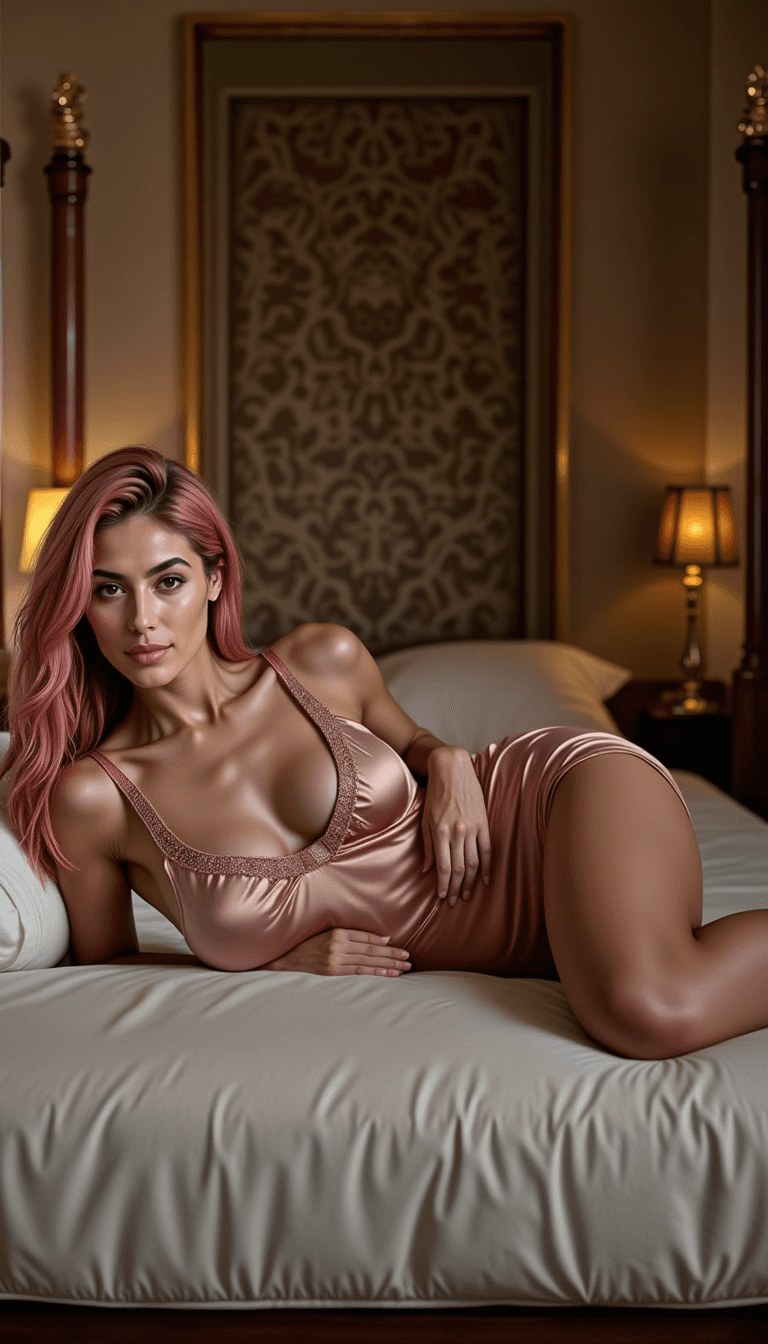 woman lounging on an opulent four-poster bed, adorned with a satin nightdress and soft, ambient lighting. Emotion: . Environment: . Style: Natural