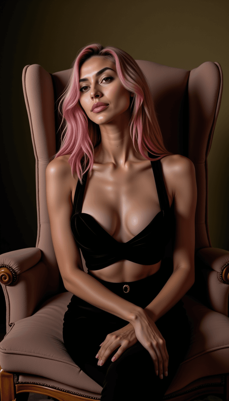 woman sitting on a vintage armchair, wearing a velvet outfit with a warm, diffused lighting. Emotion: . Environment: . Style: Natural