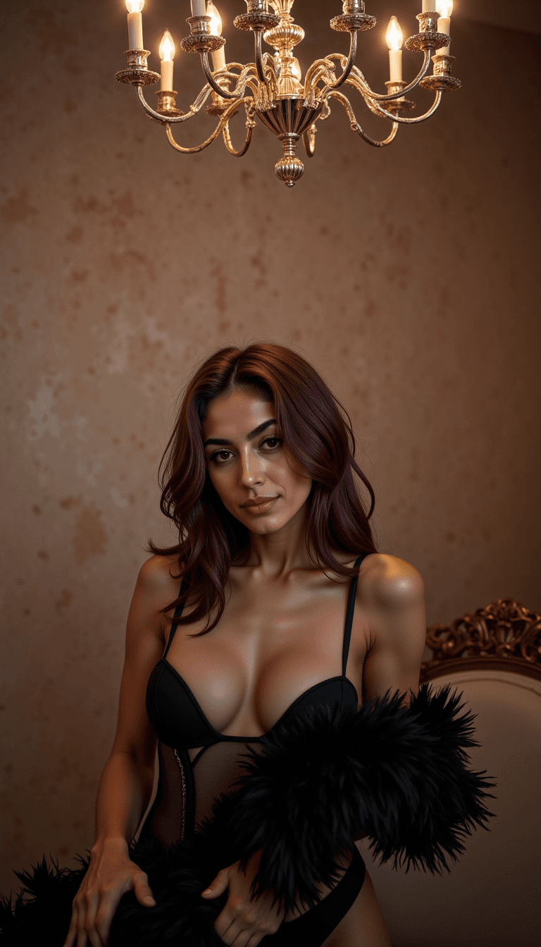 woman playfully posing with a feather boa, wearing a corset under a chandelier's soft, diffused light. Emotion: . Environment: . Style: Natural