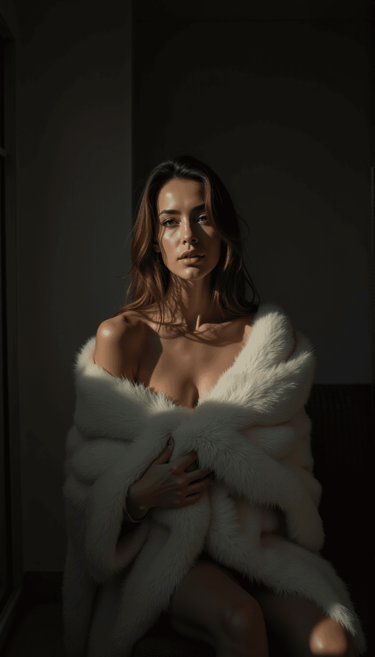 woman in a shadowy room, wrapped in a fur blanket with a single light source creating a mysterious mood. Emotion: . Environment: . Style: Natural