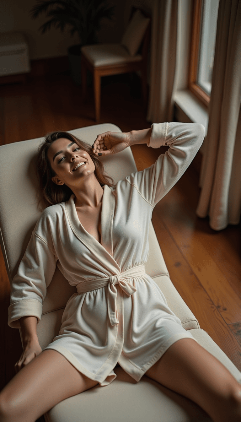 woman reclining on a hardwood floor, wearing a silky robe with dramatic, low-key lighting. Emotion: . Environment: . Style: Natural