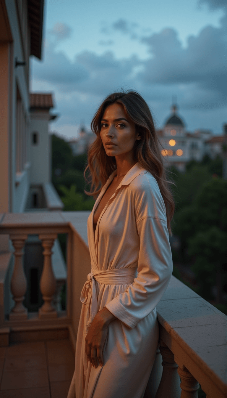 woman on a balcony, wearing a flowing silk robe with the evening cityscape providing a moody backlight. Emotion: . Environment: . Style: Natural