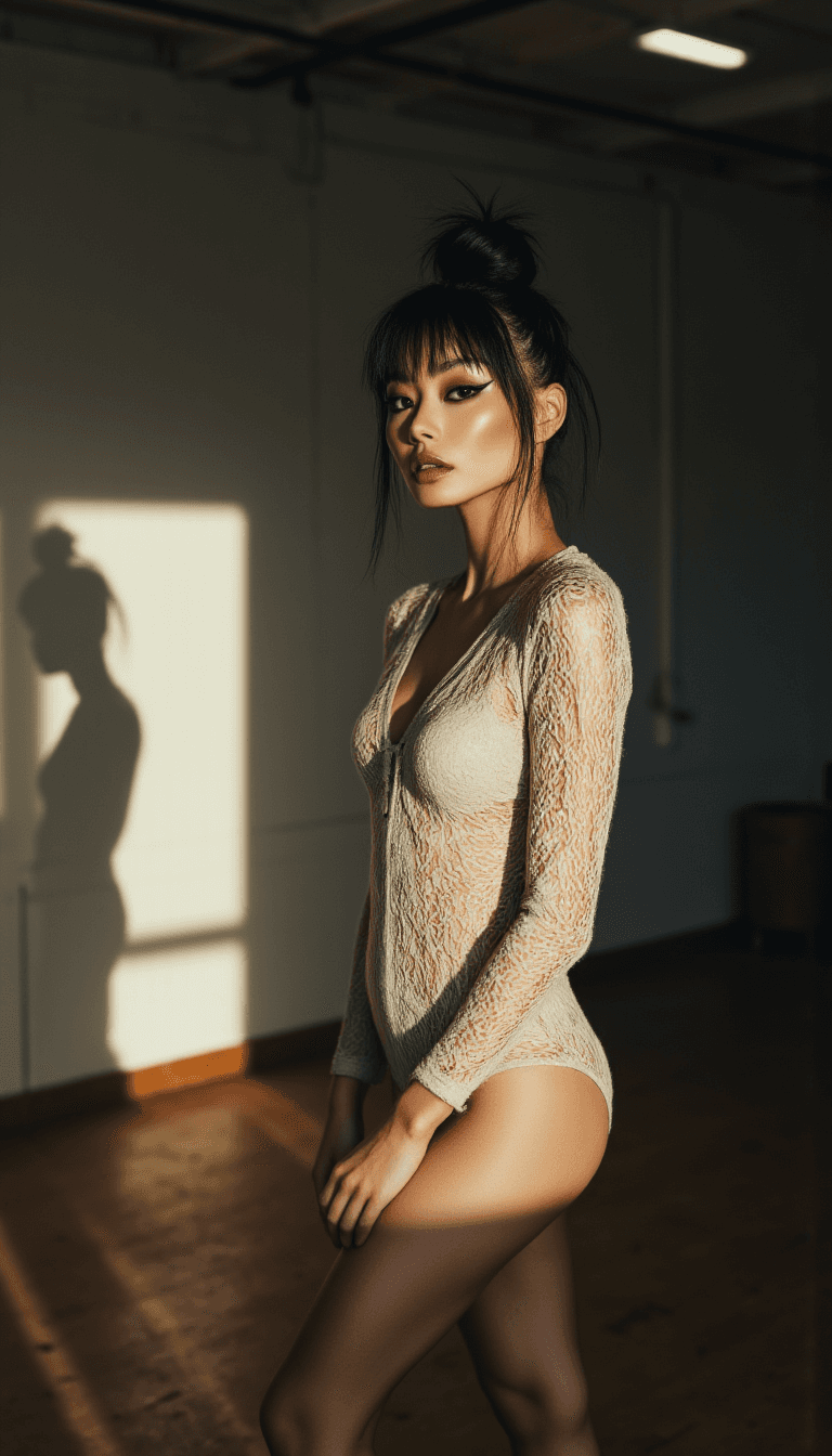 woman in an empty room, dressed in a lacy outfit and lit by a single light source casting dramatic shadows. Emotion: . Environment: . Style: Natural
