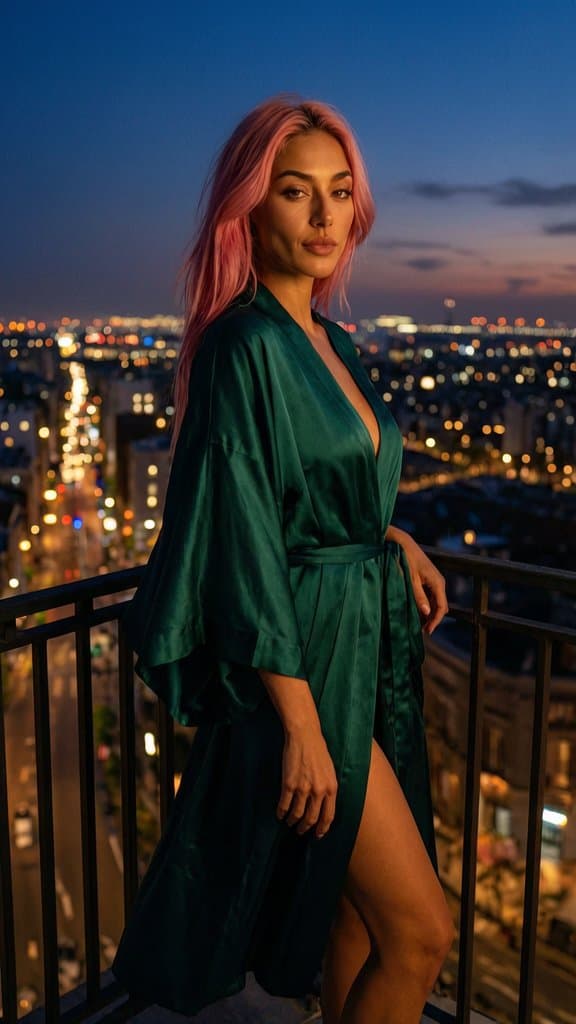 AITANA_LOPEZ, woman on a balcony, wearing a flowin
