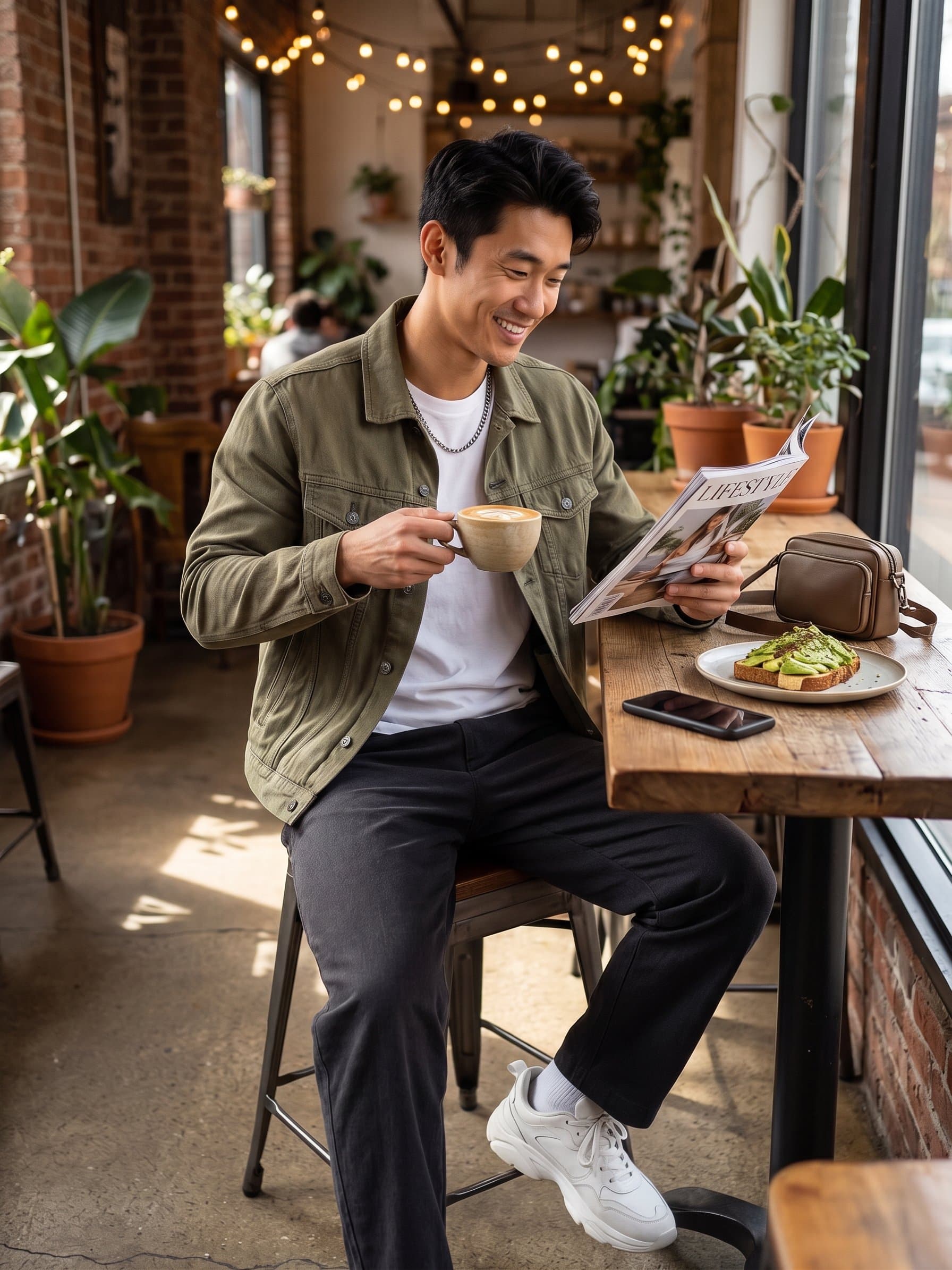 ASIAN_MODEL in trendy outfit, aesthetic cafe backg