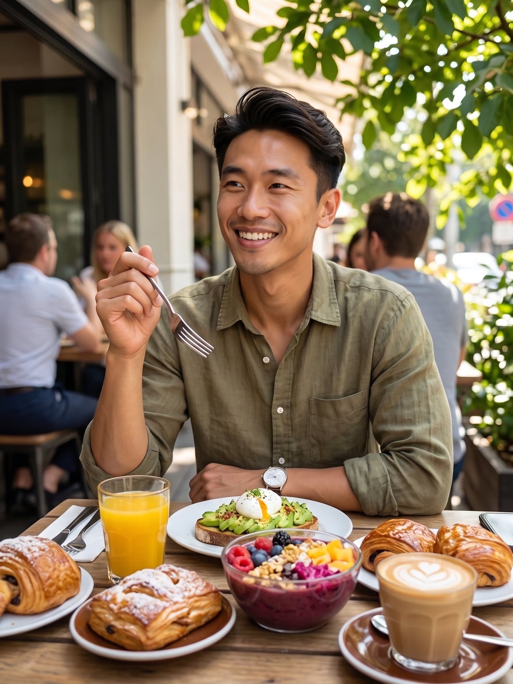 Lifestyle photo of ASIAN_MODEL at brunch, aestheti