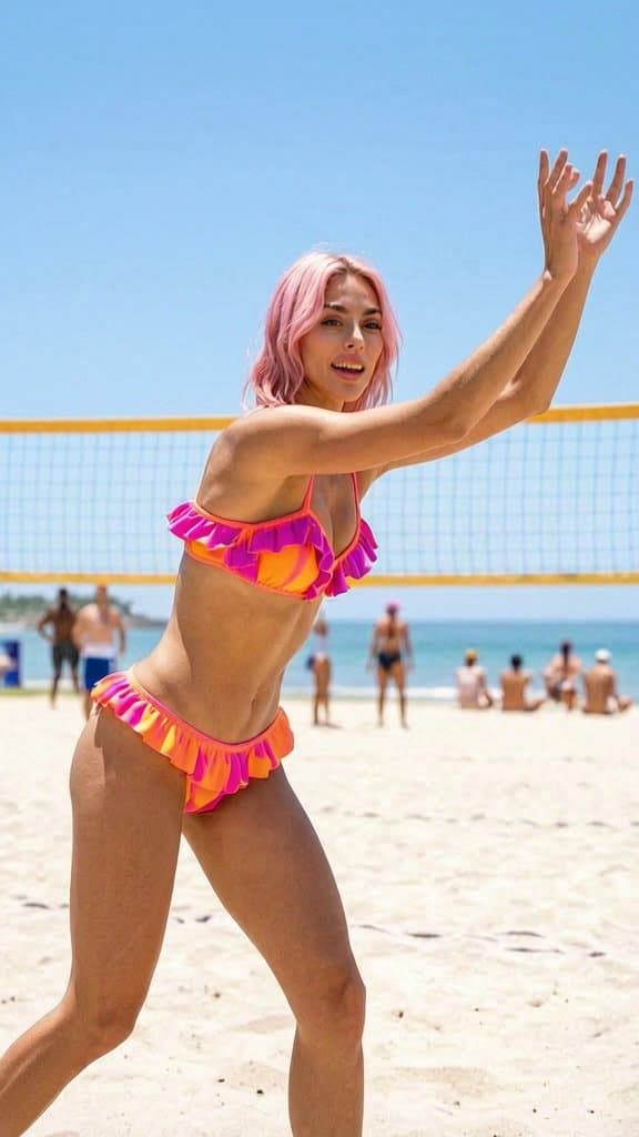 AITANA_LOPEZ, A woman in a ruffled bikini, playing