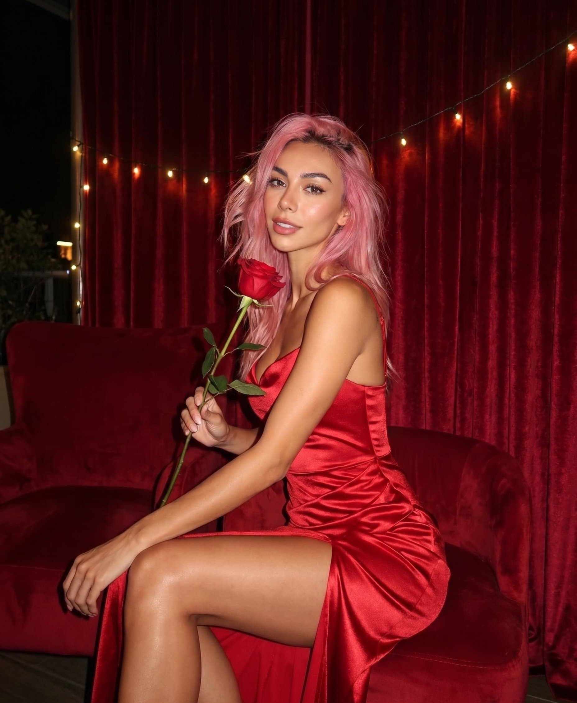 A woman in a silky red evening gown, sitting on a