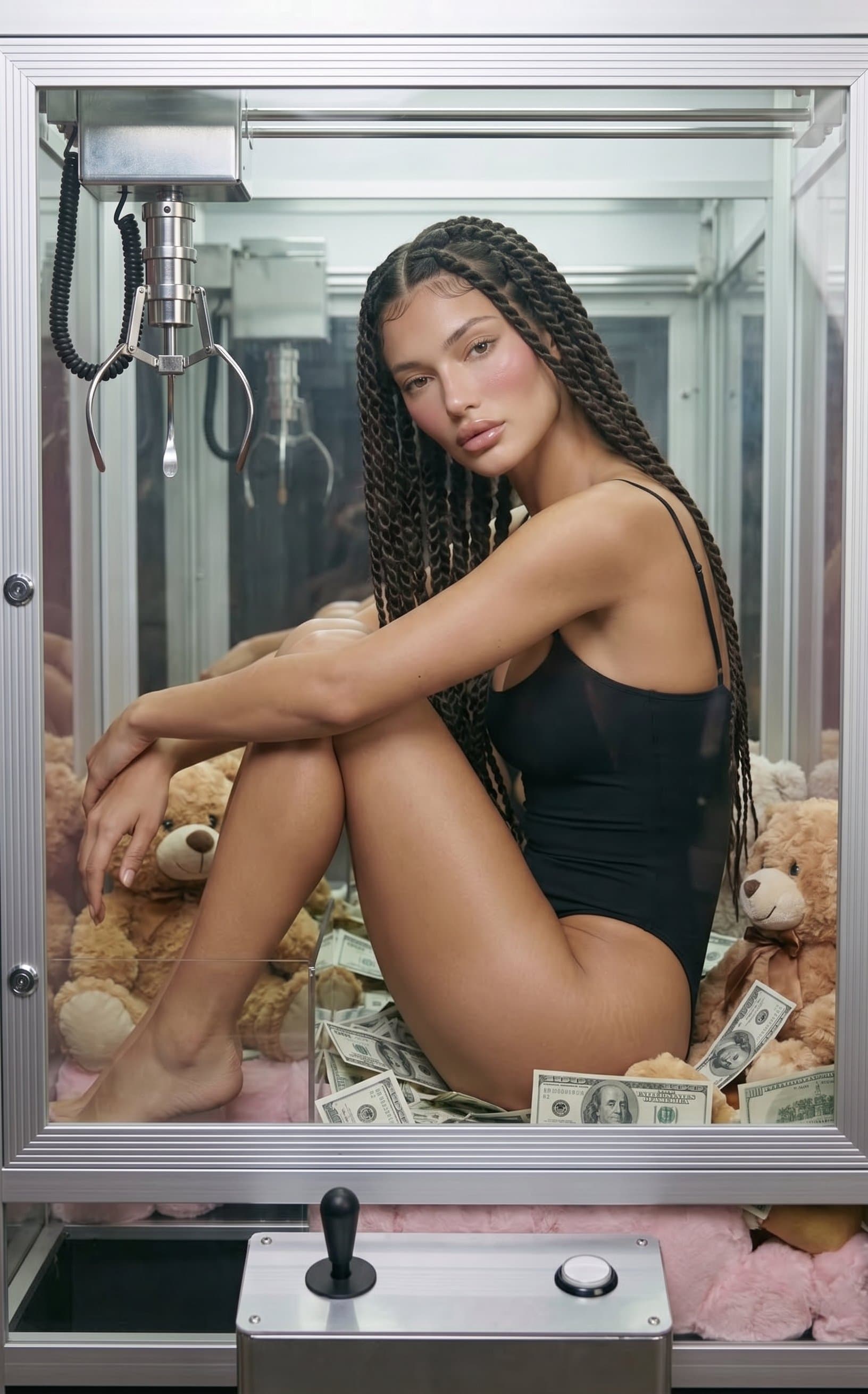 A realistic, high-fashion photo of a woman inside