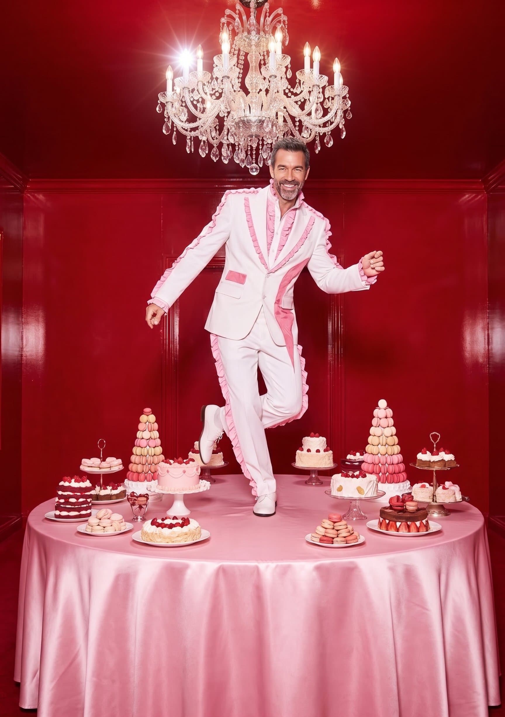 A surreal fashion shoot: a character dances on a r