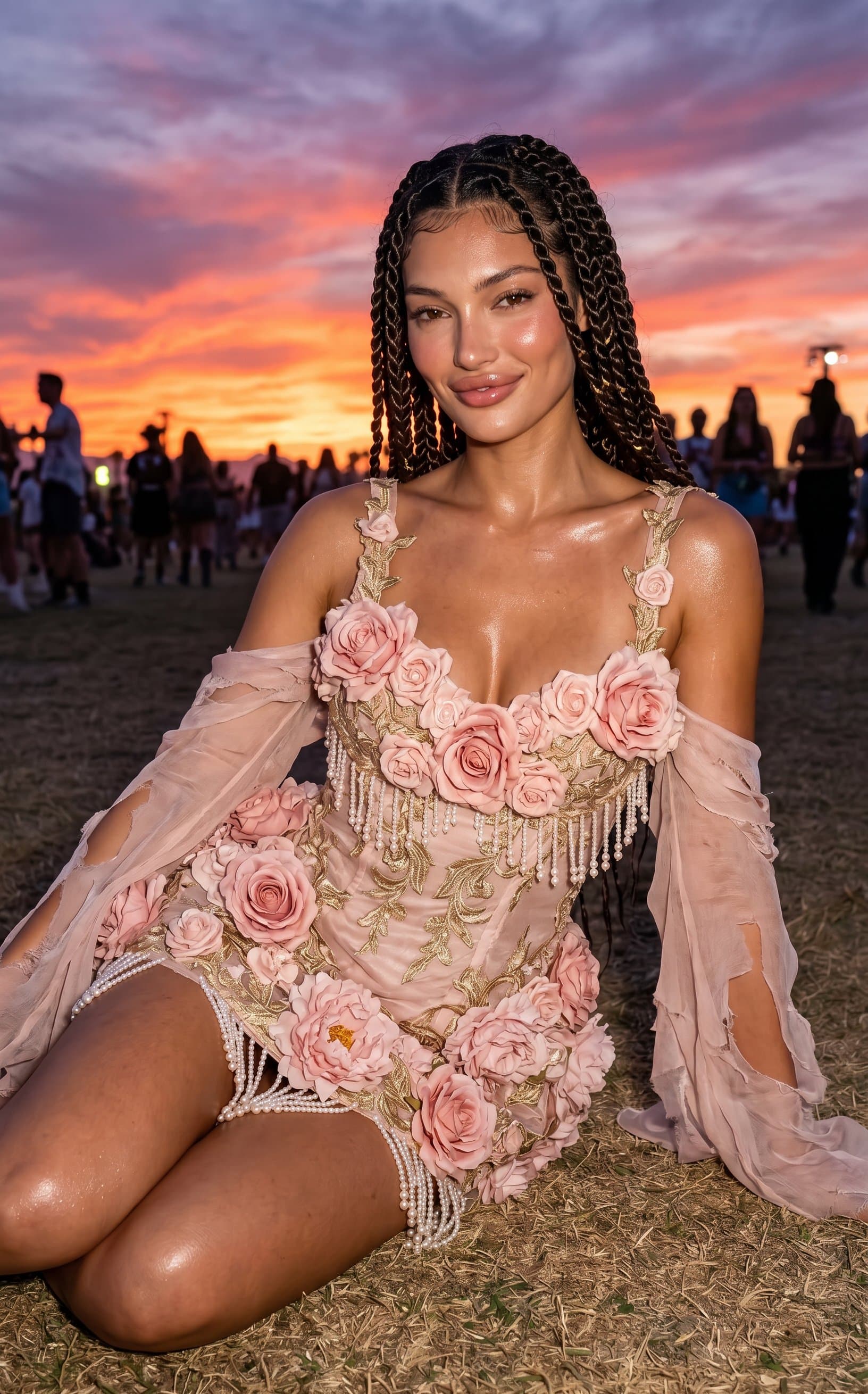 A stunning woman sits on dry grass at a music fest