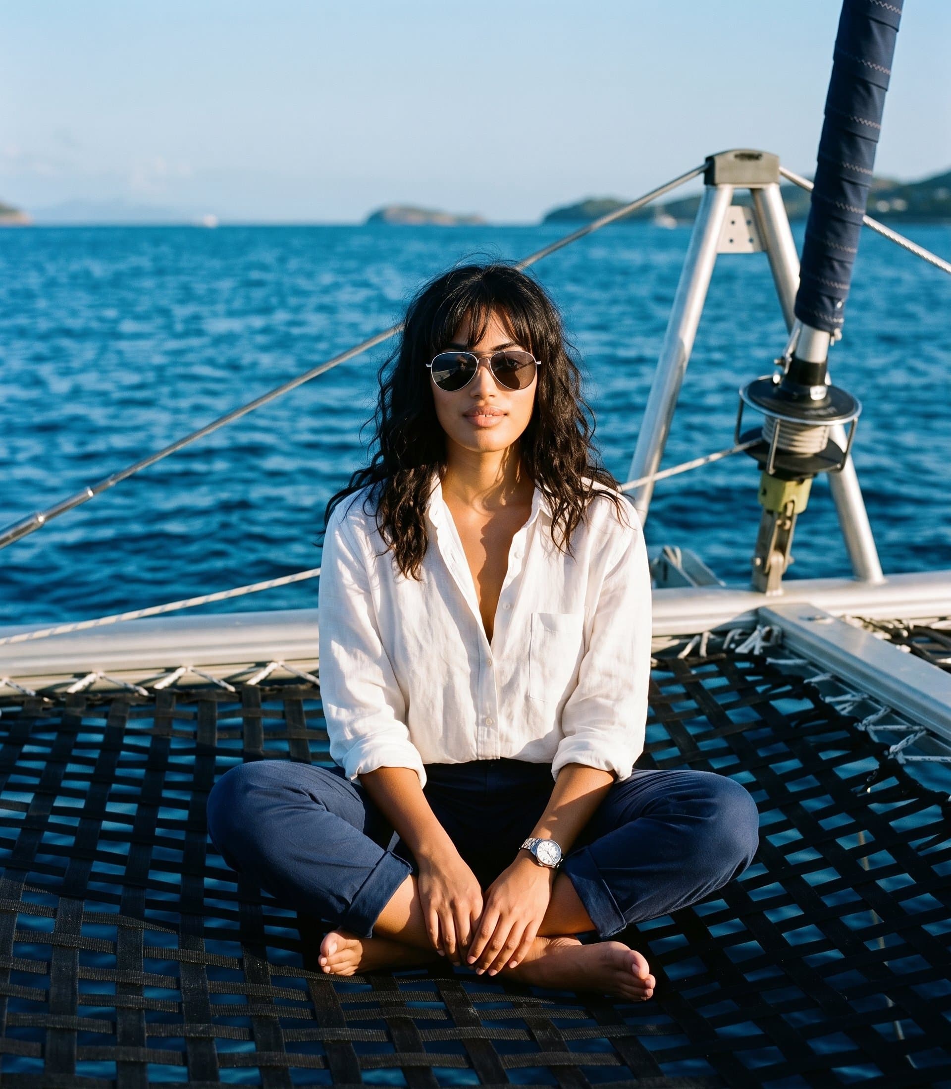 The subject sits cross-legged on the net of a cata