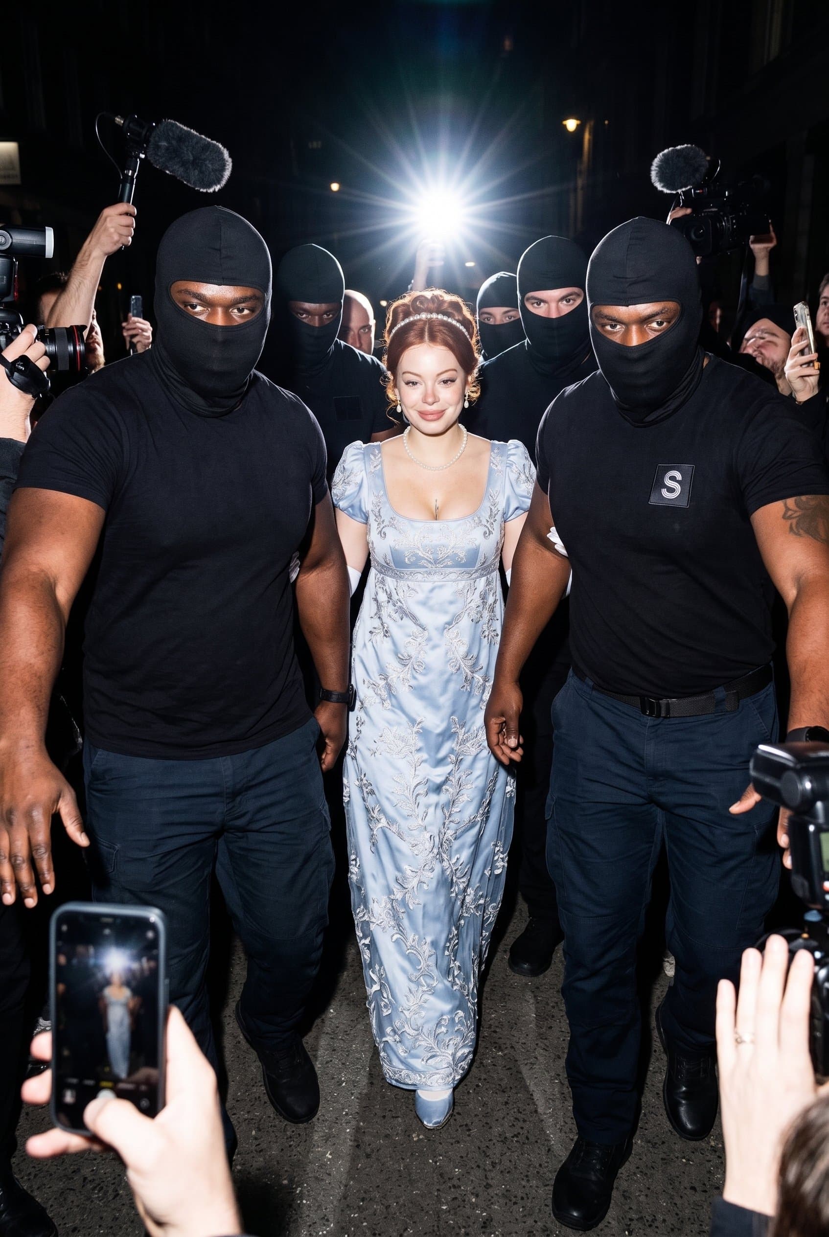 The subject confidently walks forward, surrounded