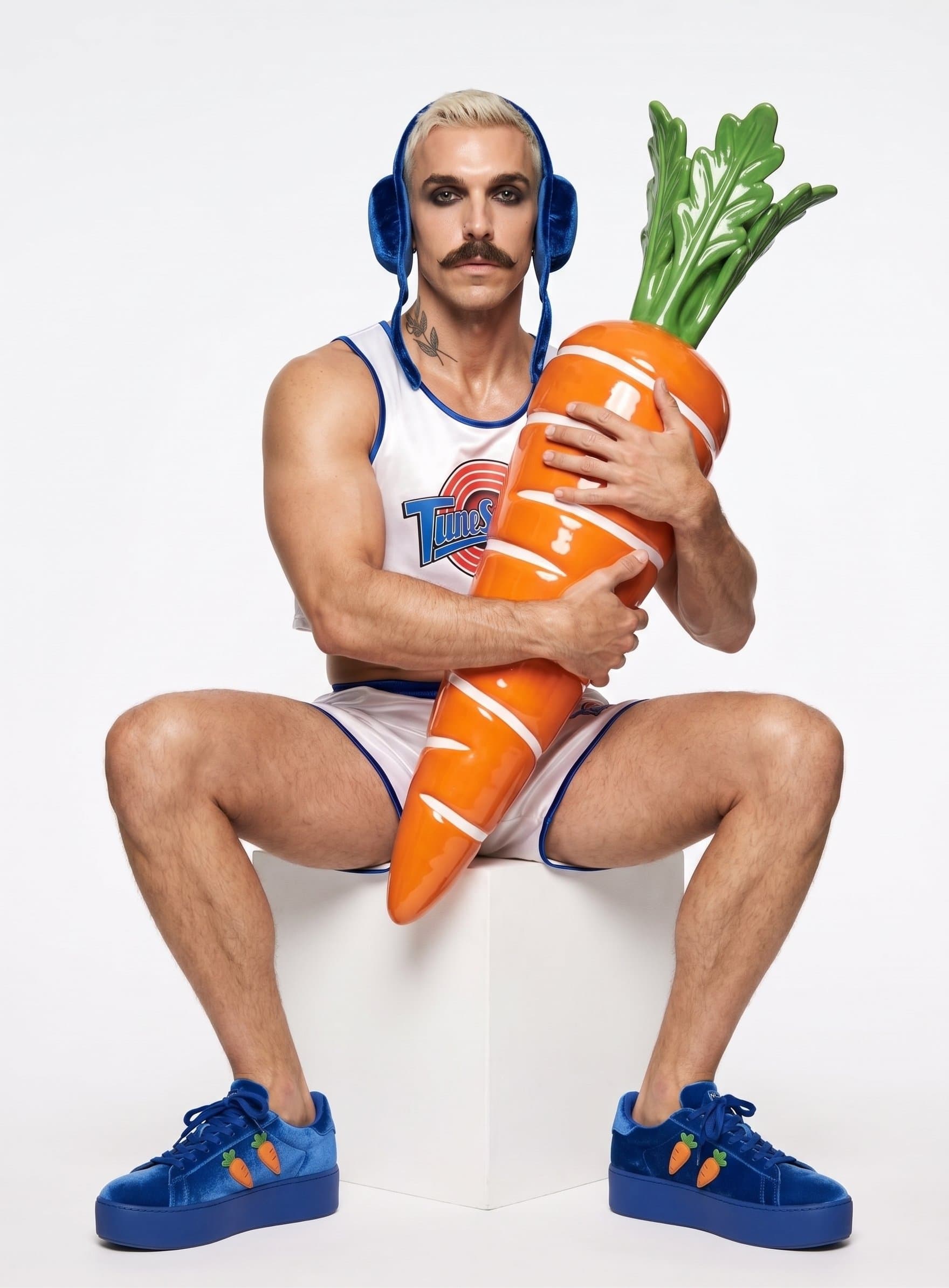 A studio fashion portrait against a white backgrou