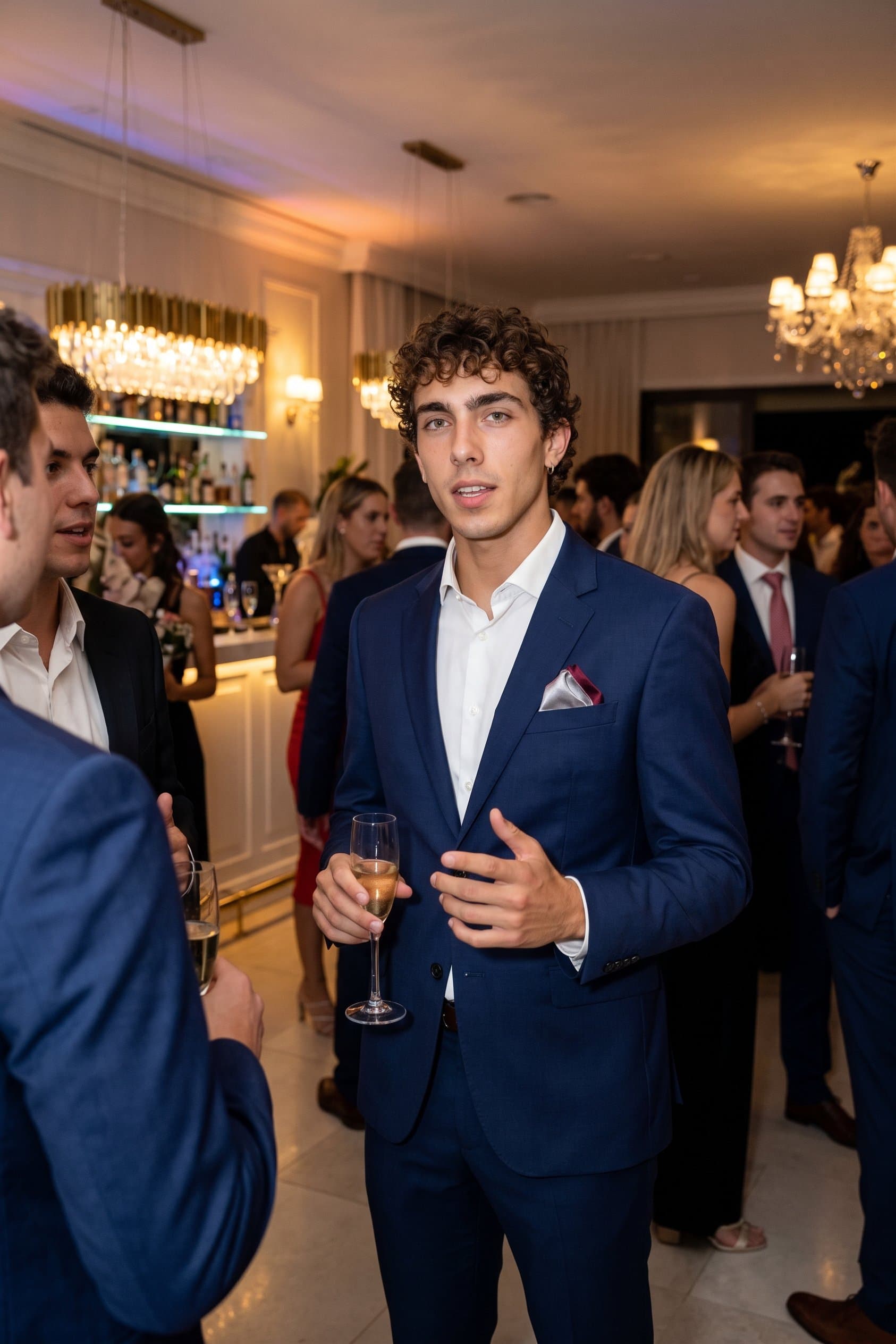 at a social event, well-dressed man, confident pos