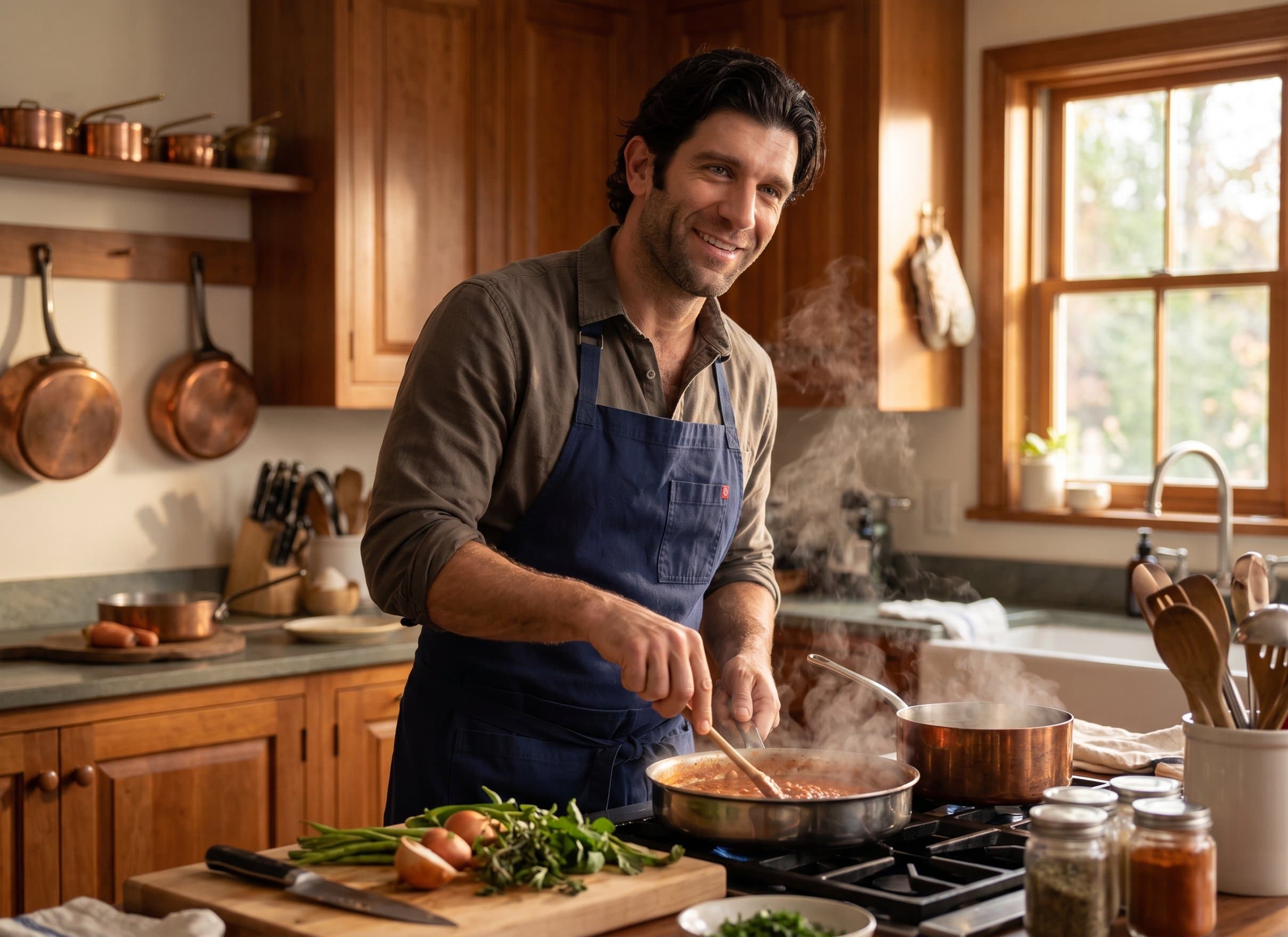 cooking in kitchen, domestic handsome man, chef ap