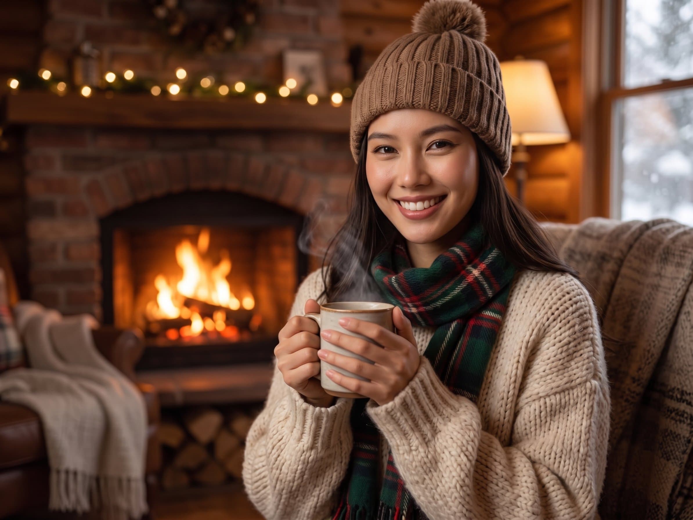 in winter clothing, cozy beautiful woman, snow or