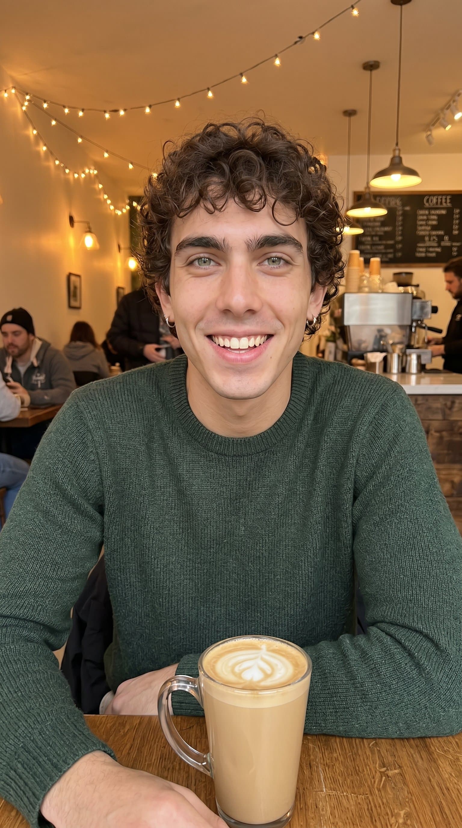 in a coffee shop, handsome man, casual date settin