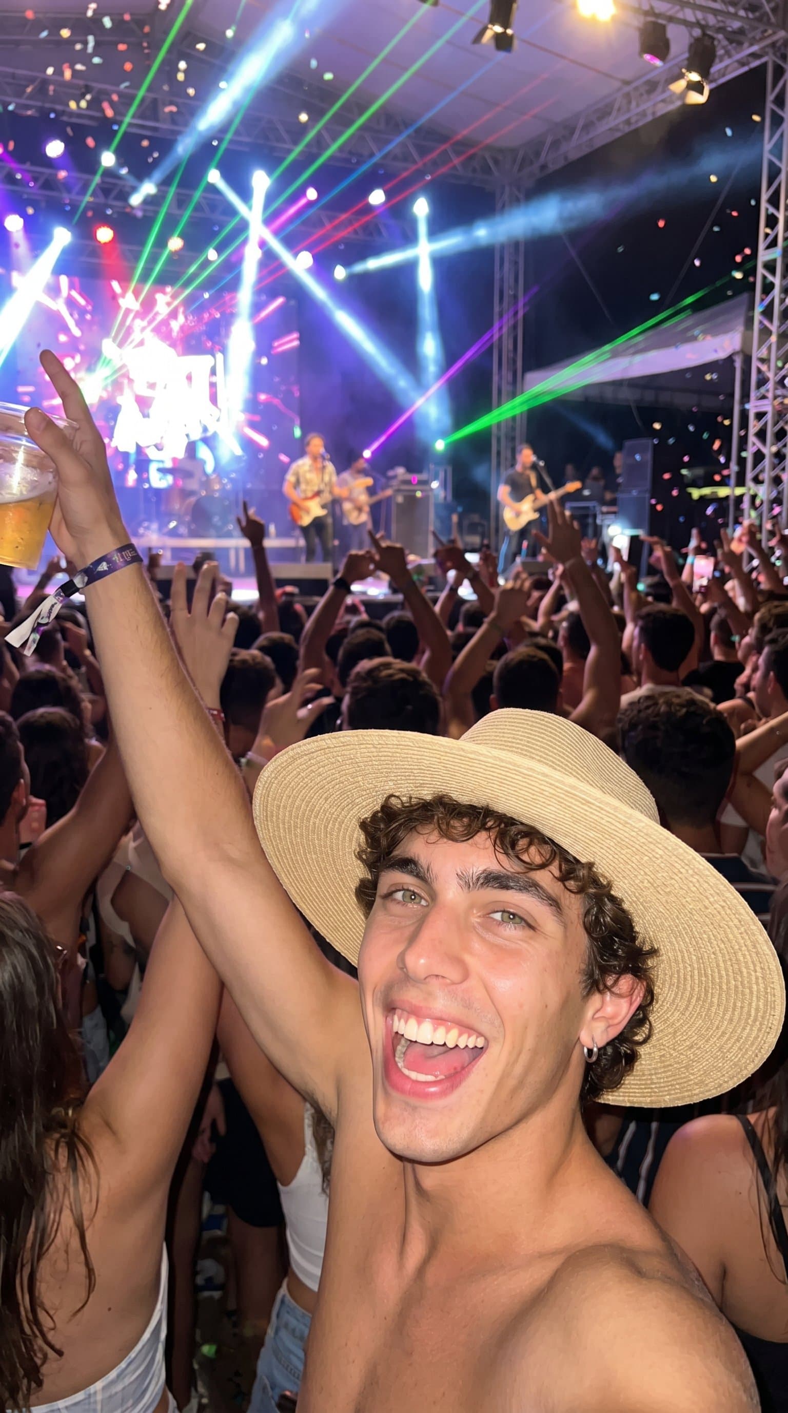 at a concert or festival, fun-loving handsome man,