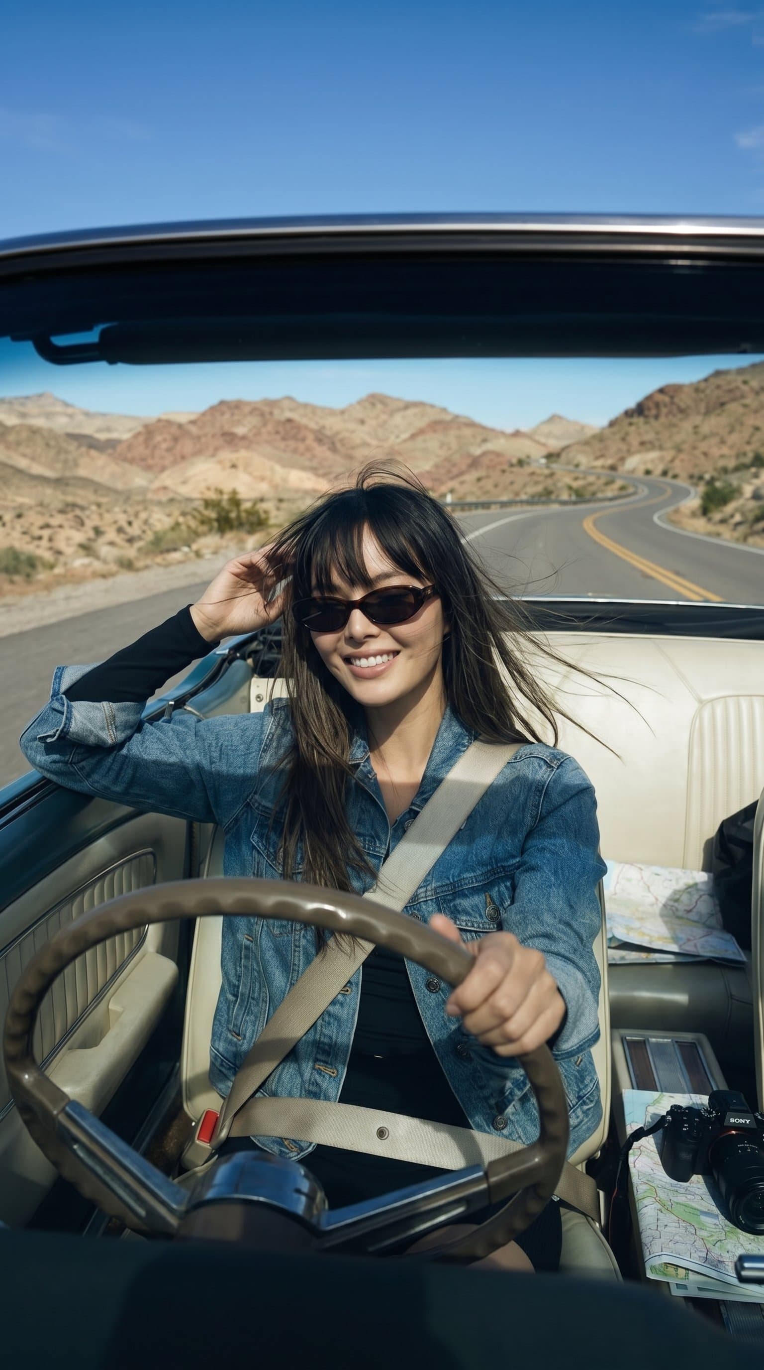 driving a car, confident beautiful woman, road tri