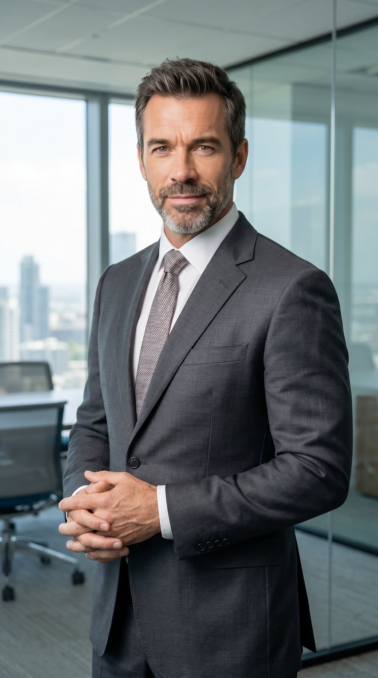 in business suit, office background, professional pose, serious but approachable expression, businessman