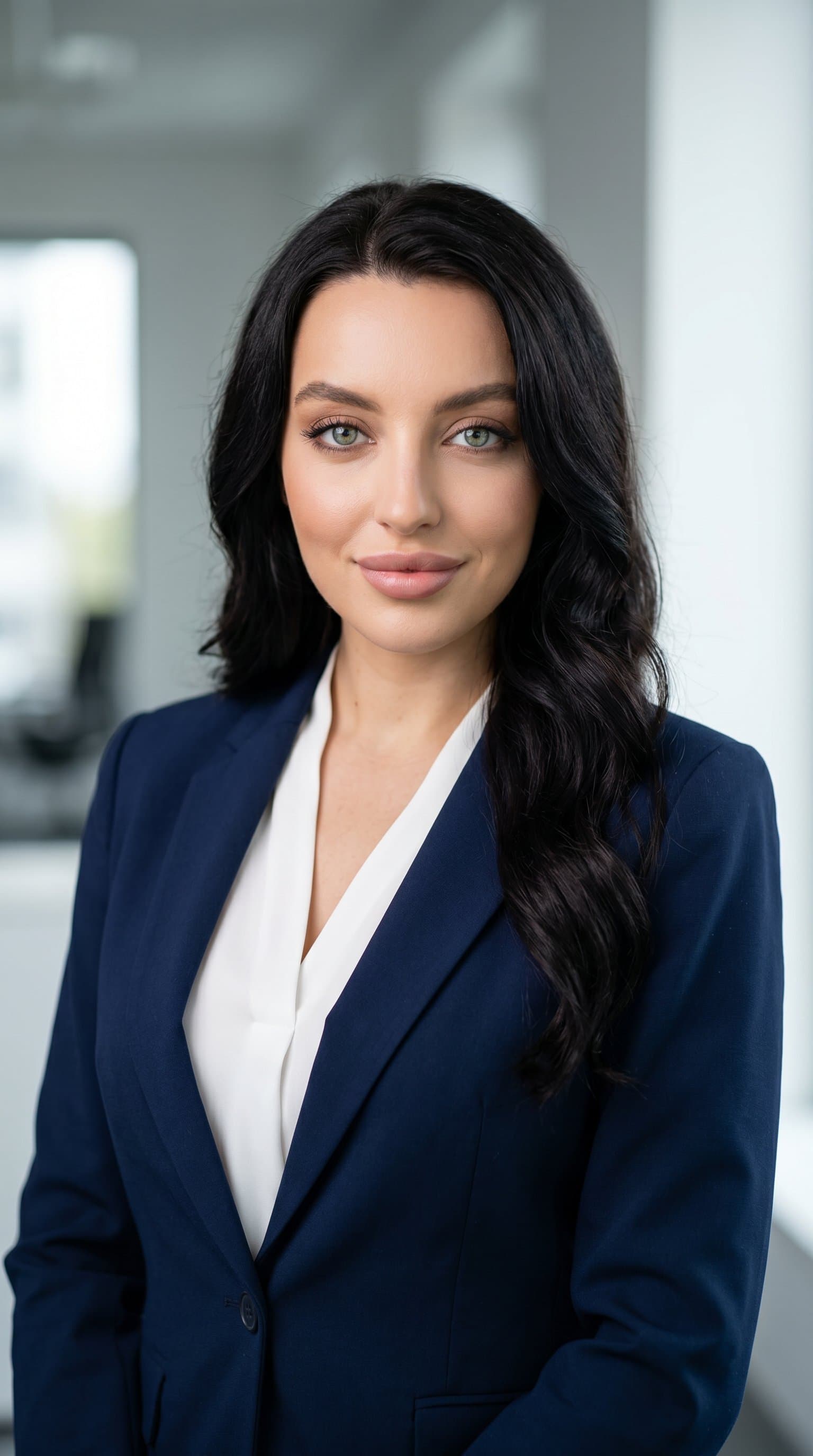 Corporate headshot of blazer, subtle smile, professional demeanor, studio lighting, businesswoman