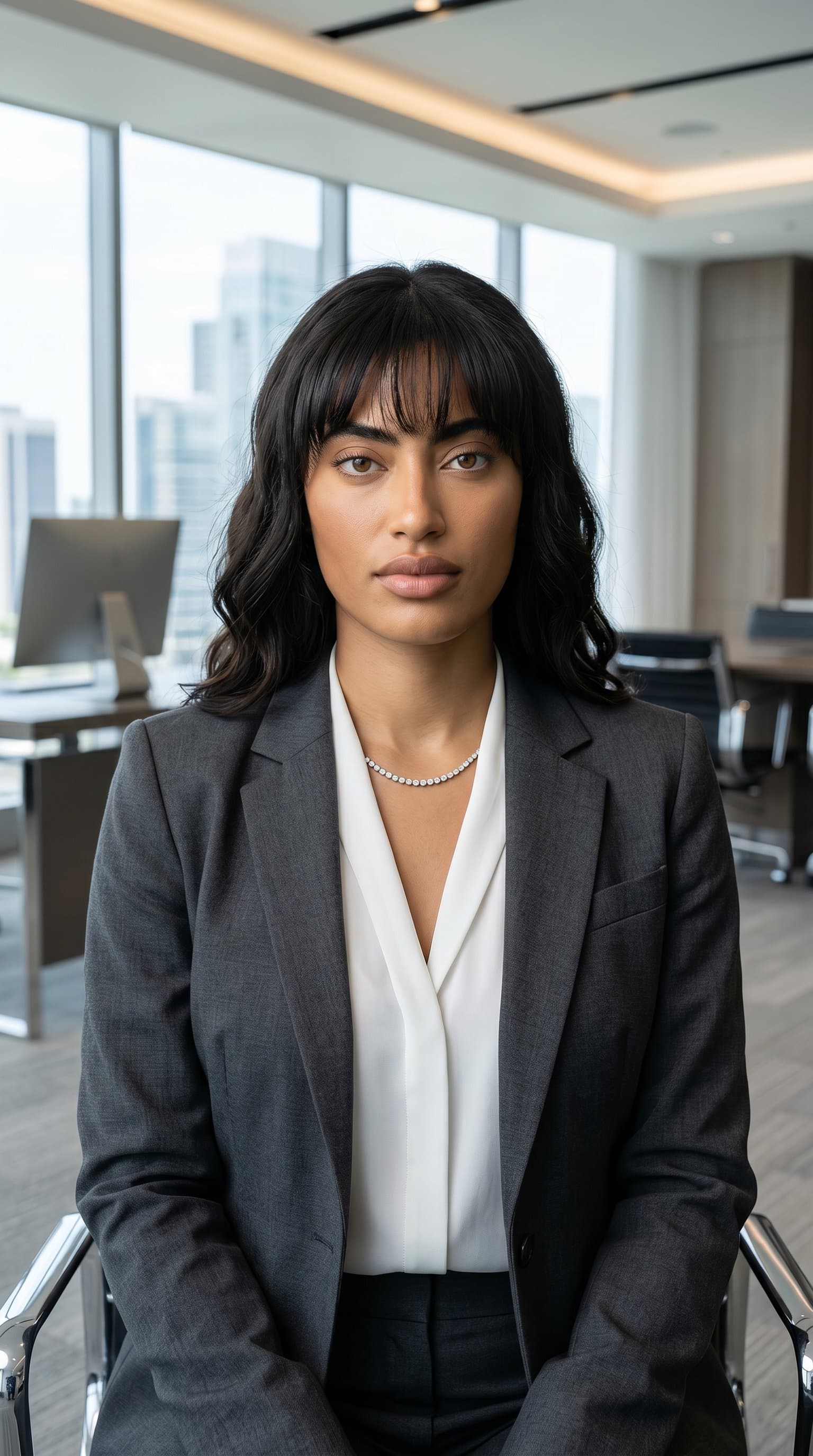 Formal business portrait of executive style, serious expression, high-end corporate look, professional woman