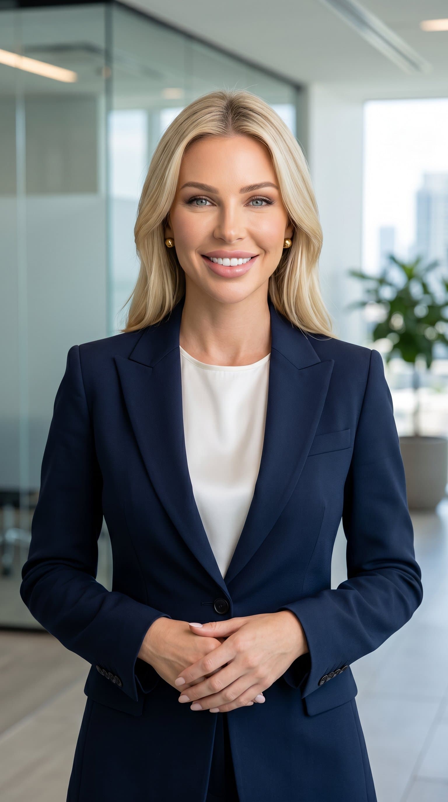 LinkedIn-style photo of professional attire, confident posture, business background, professional woman